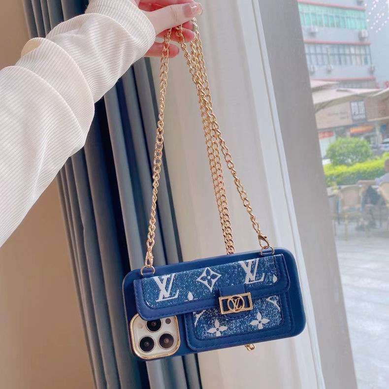 Blue soft texture crossbody iPhone case showing the carrying strap and protective rear cover