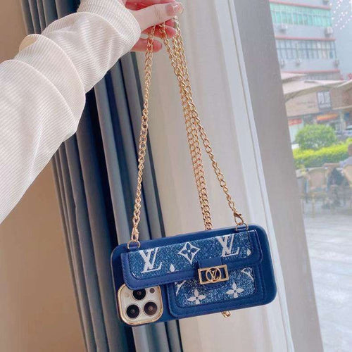 Blue soft texture crossbody iPhone case showing the carrying strap and protective rear cover
