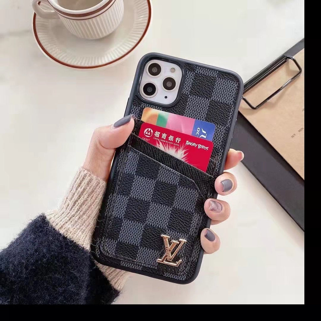Dual card slot iPhone case showing the leather finish and slim wallet-style profile