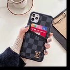 Dual card slot iPhone case showing the leather finish and slim wallet-style profile