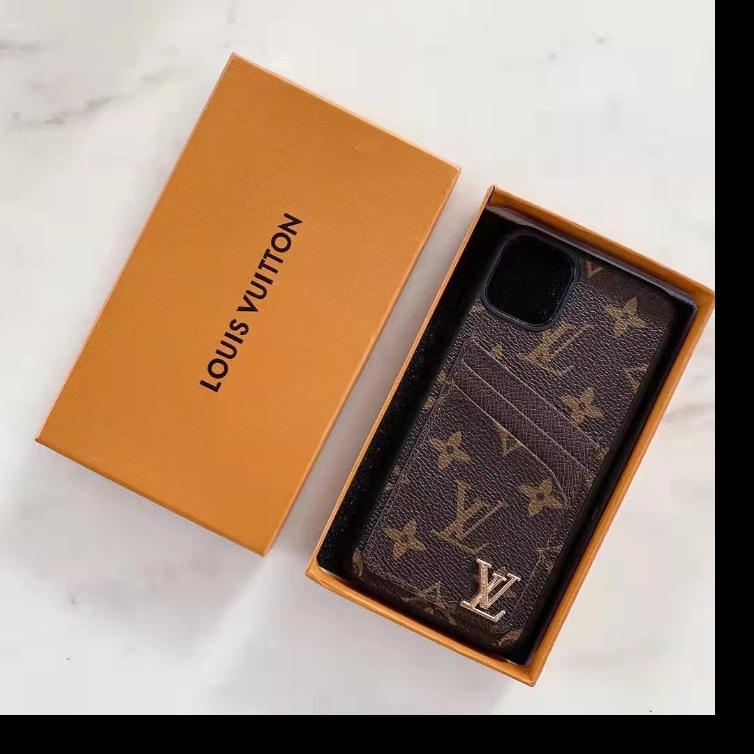 Dual card slot leather iPhone case showing the wallet-style card holder on the back