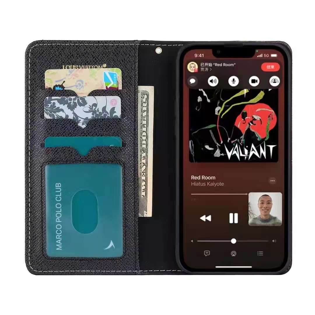 Black Denim Canvas Wallet Flip Case Kickstand Function iPhone 11 12 13 14 15 16 Pro Max Plus
