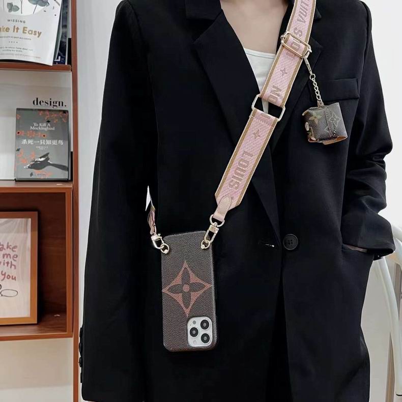 LV design crossbody iPhone case showing the carrying strap and slim fitted profile