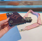 LV design crossbody iPhone case showing the shoulder strap and patterned protective back
