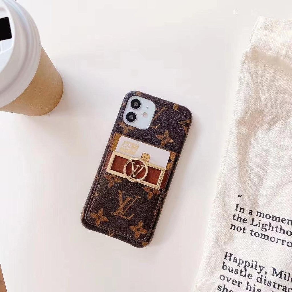Monogram leather iPhone case showing the patterned rear cover and smooth leather finish