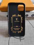 Leather iPhone case with monogram finish showing the slim edges and rear protection