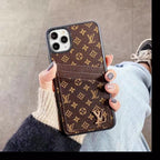 Dual card slot leather iPhone case showing the wallet feature and patterned back finish