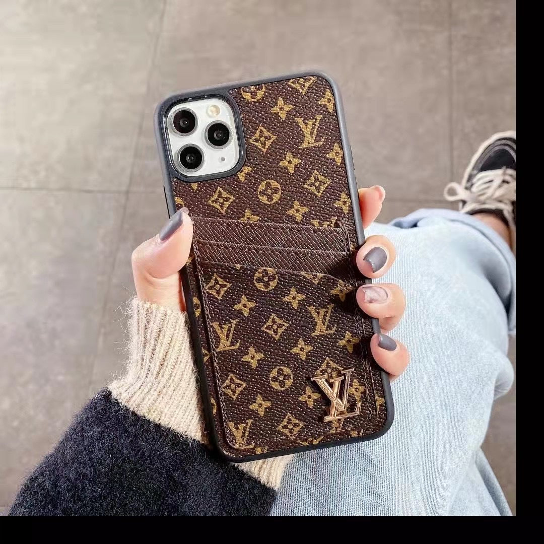 Dual card slot leather iPhone case showing the wallet feature and patterned back finish