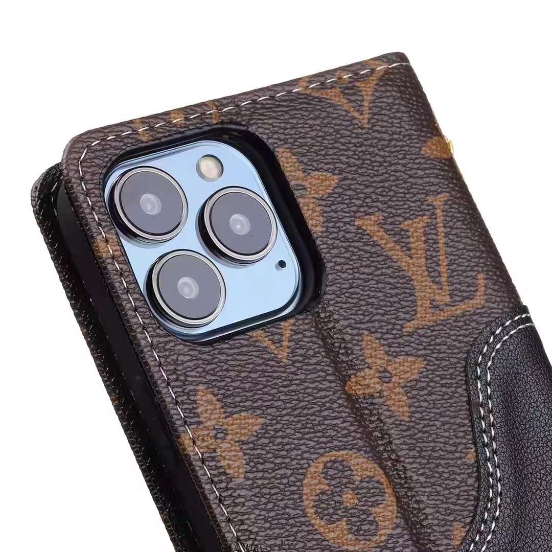 LV iPhone Wallet Case Brown Black Leather iPhone X 11 12 13 14 15 16 Pro Max Plus