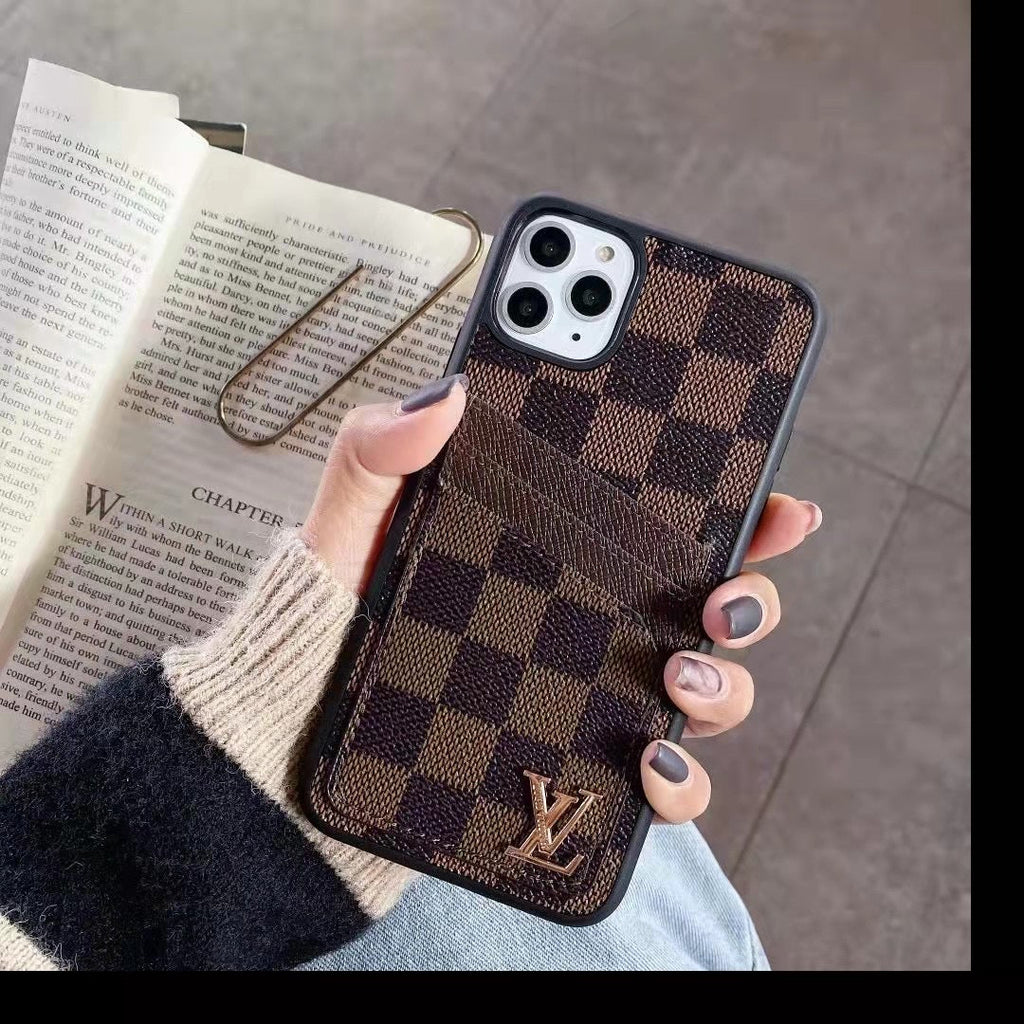 Dual card slot leather iPhone case showing the back cover, camera cutout and card holder