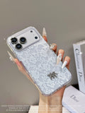 White and silver lace-pattern iPhone case with a small central emblem