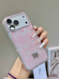 Pink lace-pattern iPhone case with a small central emblem