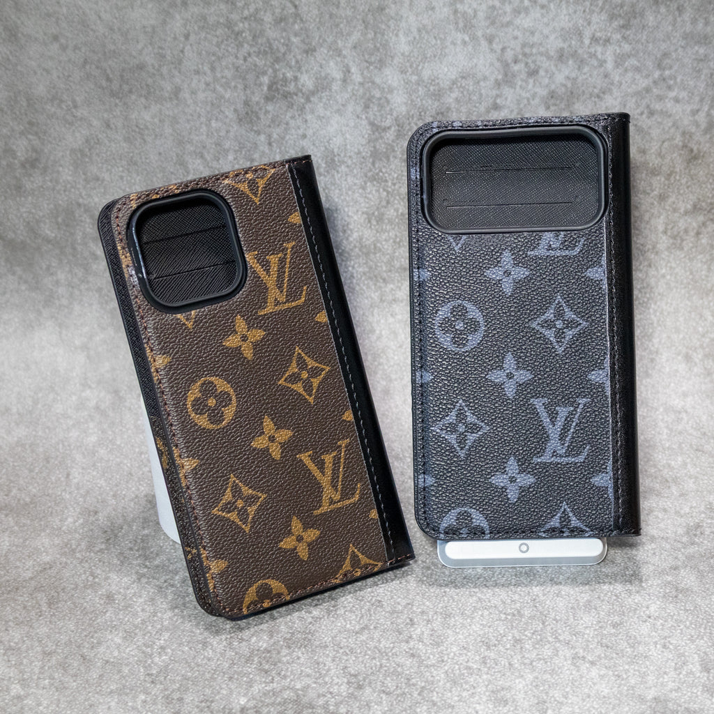 Close-up of the iPhone wallet case showing leather texture and interior card holder