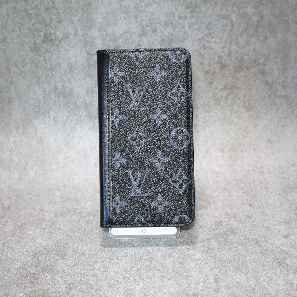 iPhone wallet case in LV style showing the full folding leather design and card storage