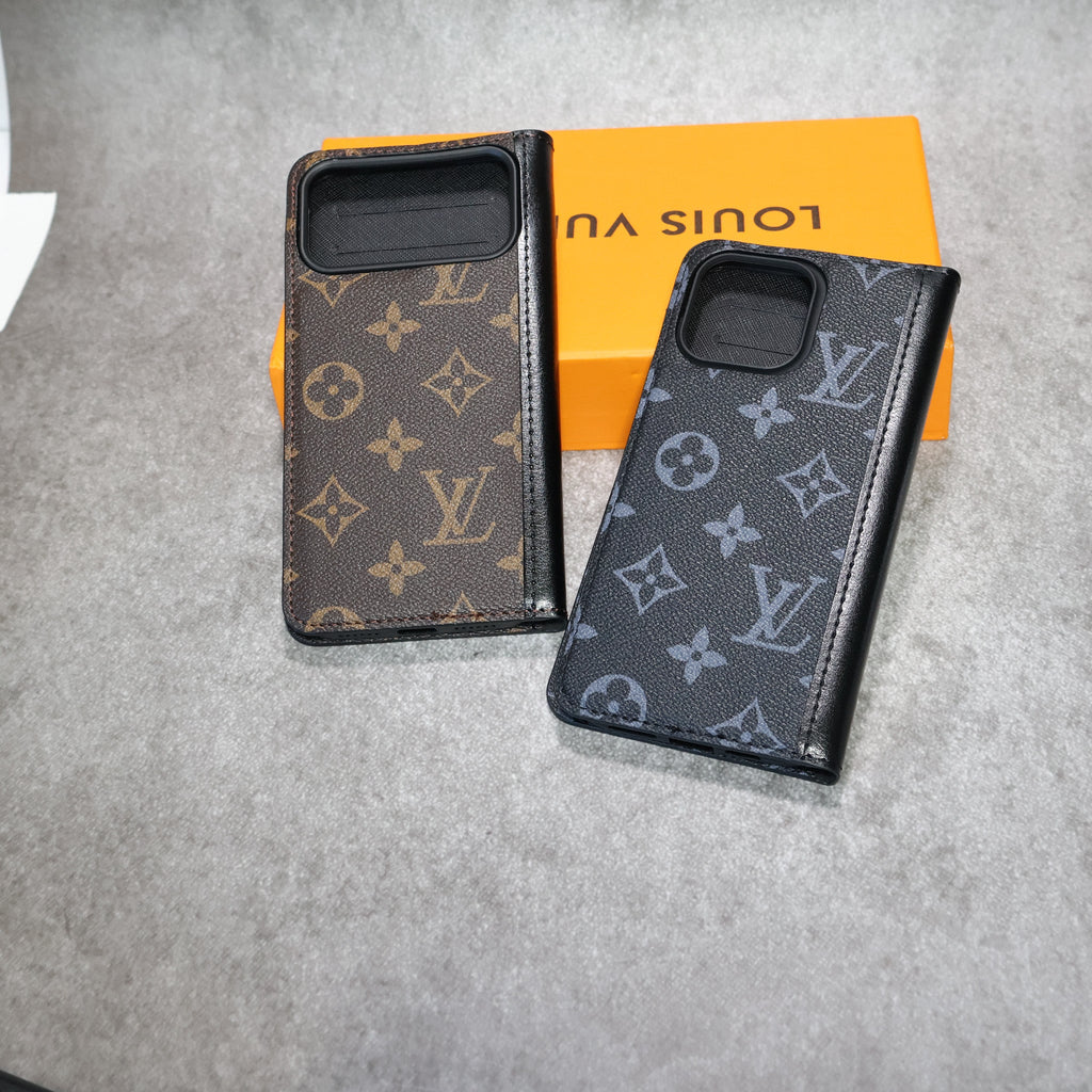 LV leather iPhone wallet case showing the folding cover and integrated card storage