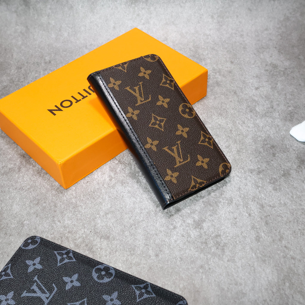Close-up product view of the leather wallet iPhone case and folding cover