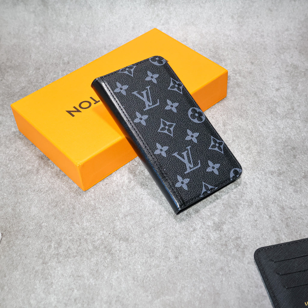 LV iPhone wallet case shown open with card slots and a slim protective phone shell