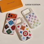 White multicolor monogram LV iPhone case showing the patterned finish and protective camera area