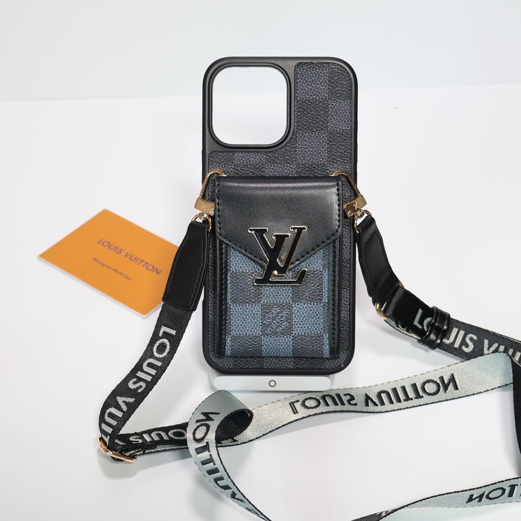 LV crossbody wallet iPhone case showing the rear card holder and protective camera opening