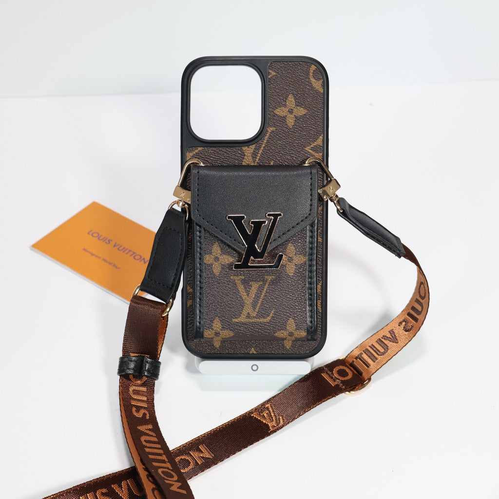 LV crossbody wallet iPhone case showing the shoulder strap and fitted protective cover
