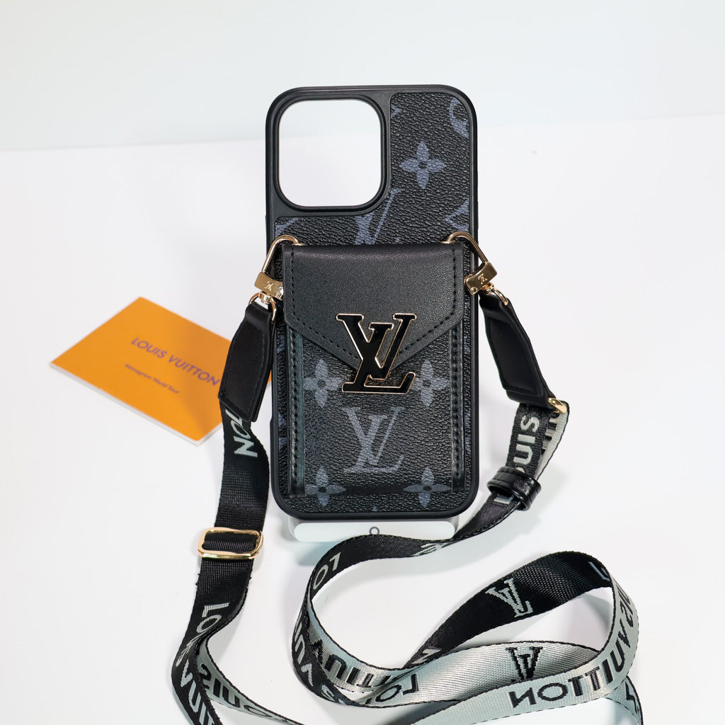 LV crossbody wallet iPhone case close-up showing material texture and wallet detail