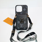 LV crossbody wallet iPhone case close-up showing material texture and wallet detail