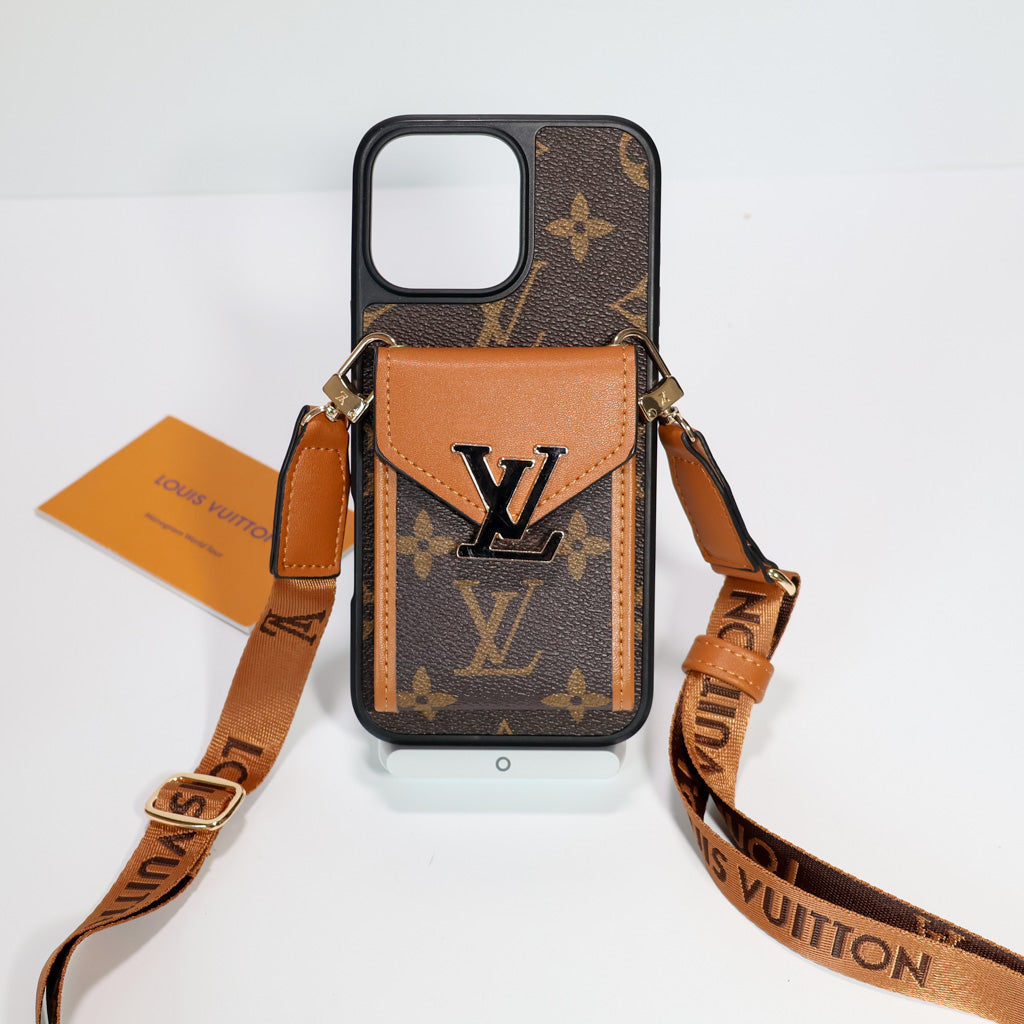 LV crossbody wallet iPhone case showing the patterned back and integrated carrying strap
