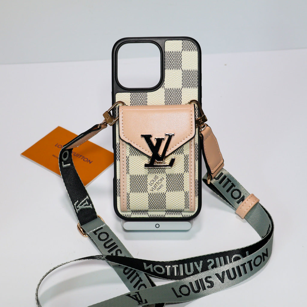 LV crossbody wallet iPhone case showing the complete wallet-style rear design and strap