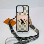 LV crossbody wallet iPhone case showing the complete wallet-style rear design and strap