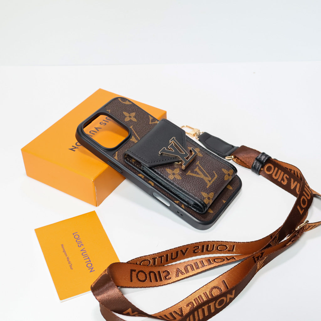 LV crossbody wallet iPhone case showing the carrying strap and slim protective profile