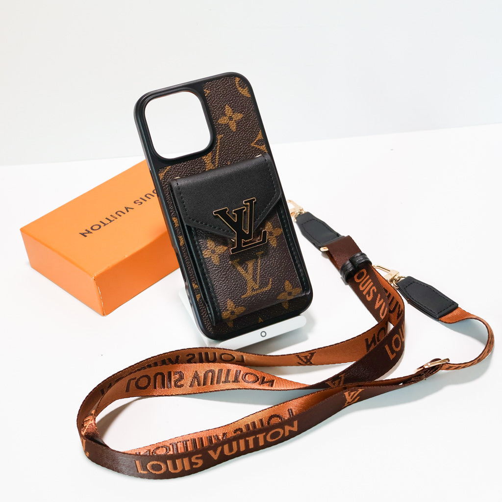 LV crossbody wallet iPhone case showing the shoulder strap, wallet back and protective phone fit