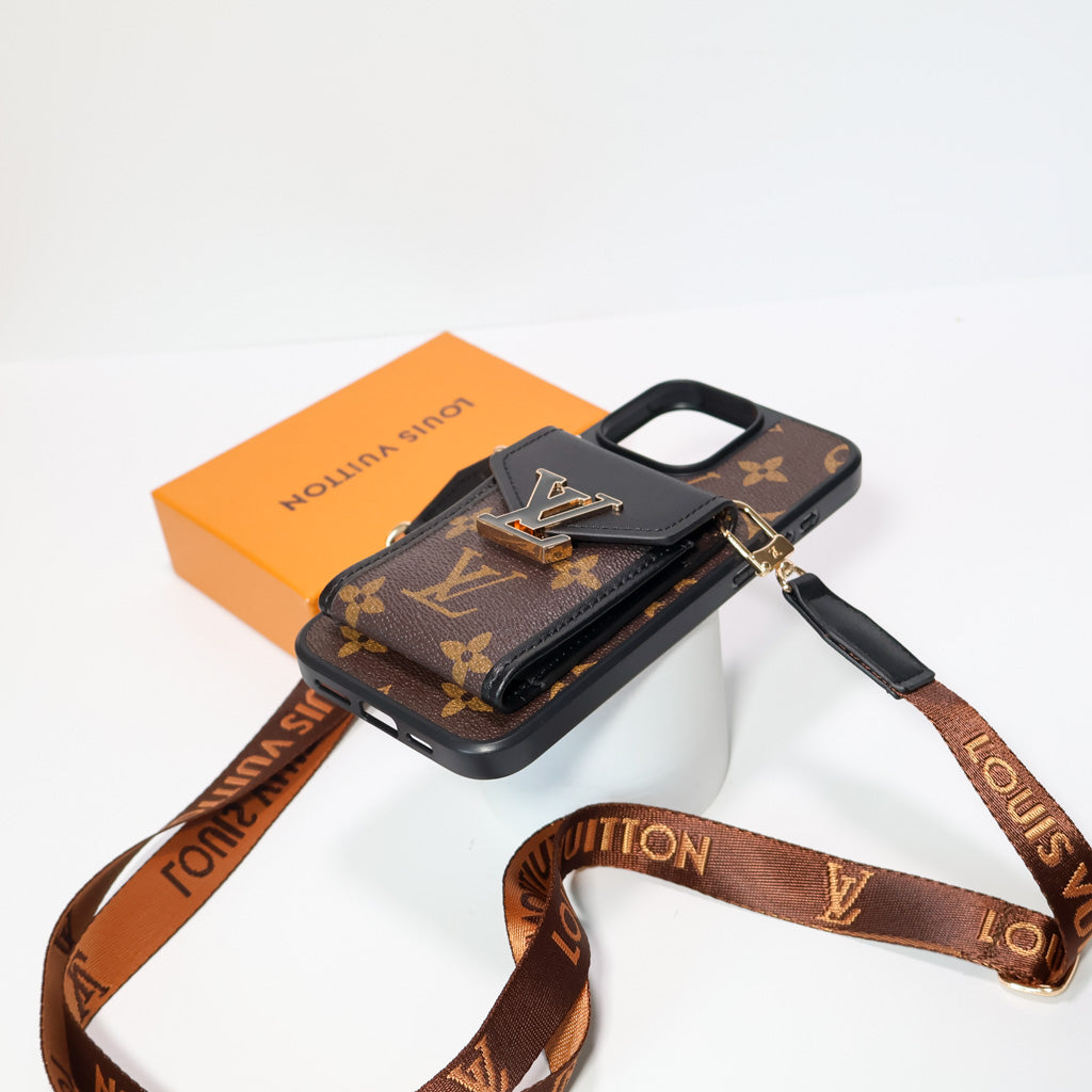 LV crossbody wallet iPhone case close-up showing the strap attachment and patterned back