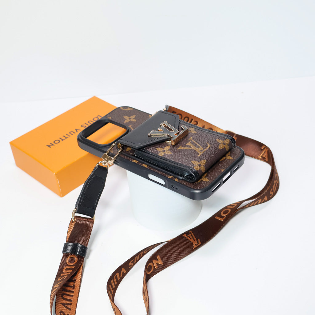 LV crossbody wallet iPhone case showing the wallet storage, protective edges and leather finish