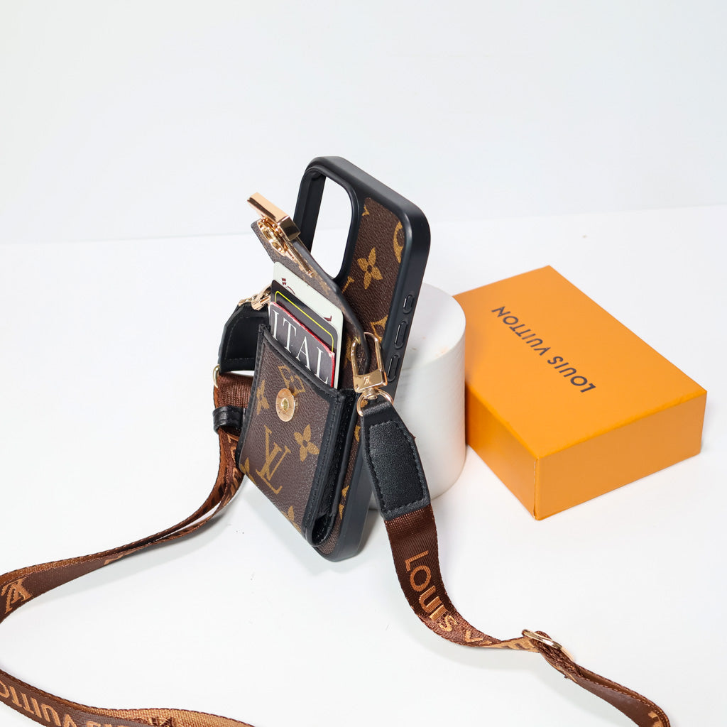 LV crossbody wallet iPhone case close-up showing leather texture and card storage
