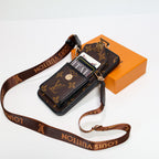 LV crossbody wallet iPhone case showing the patterned rear cover and fitted camera area
