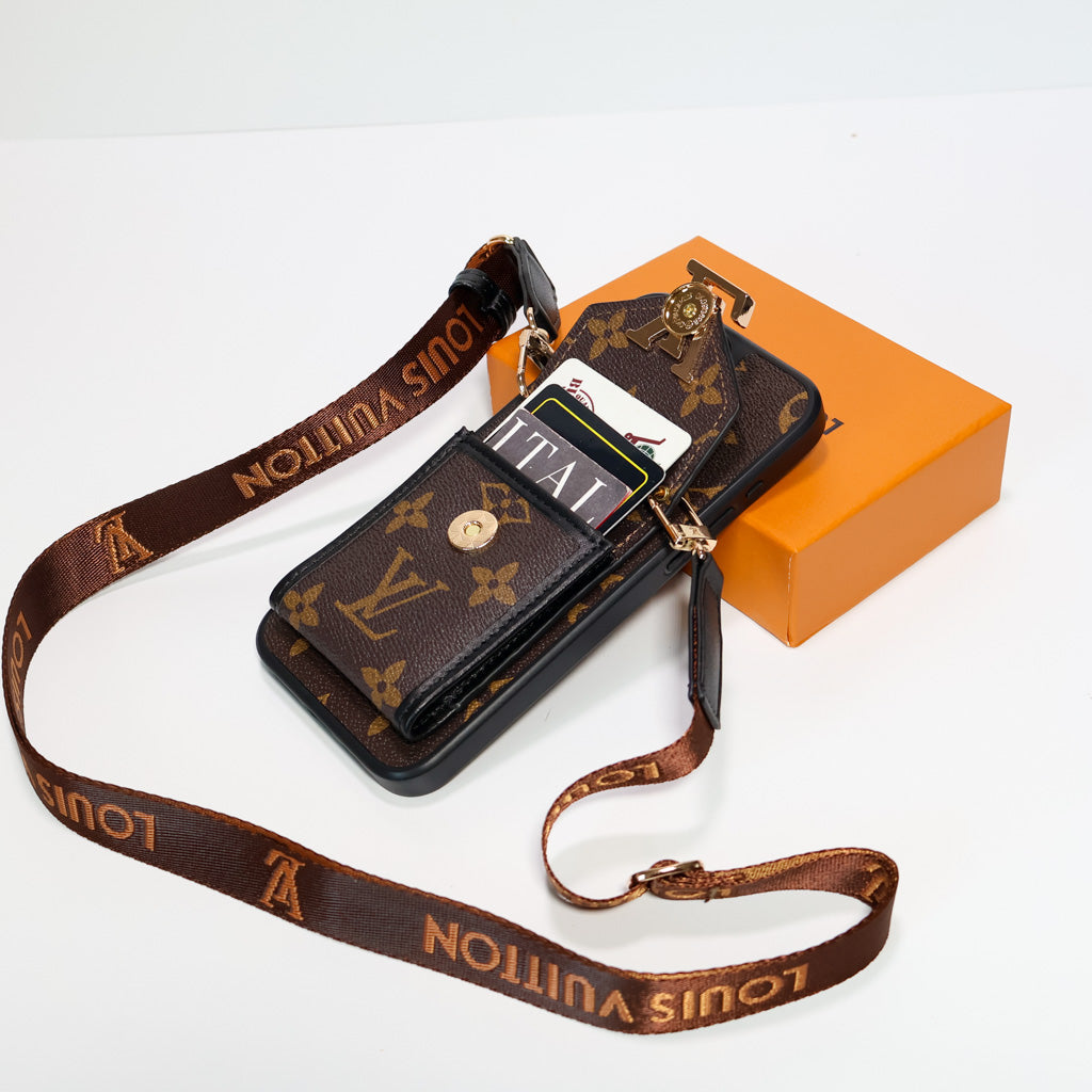 LV crossbody wallet iPhone case showing the patterned rear cover and fitted camera area