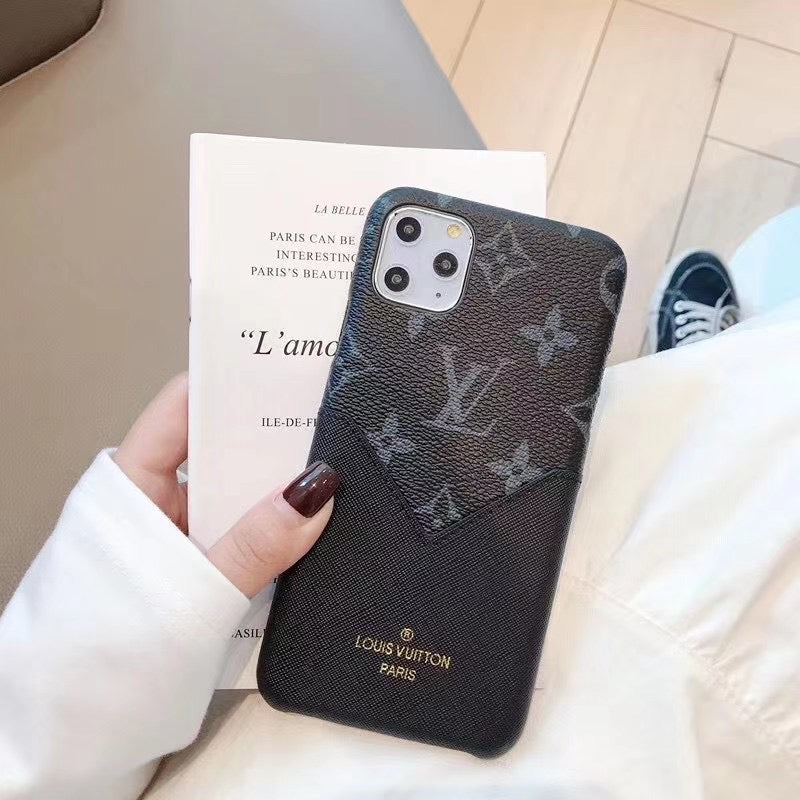 Black monogram Louis Vuitton iPhone case showing the dark patterned leather back