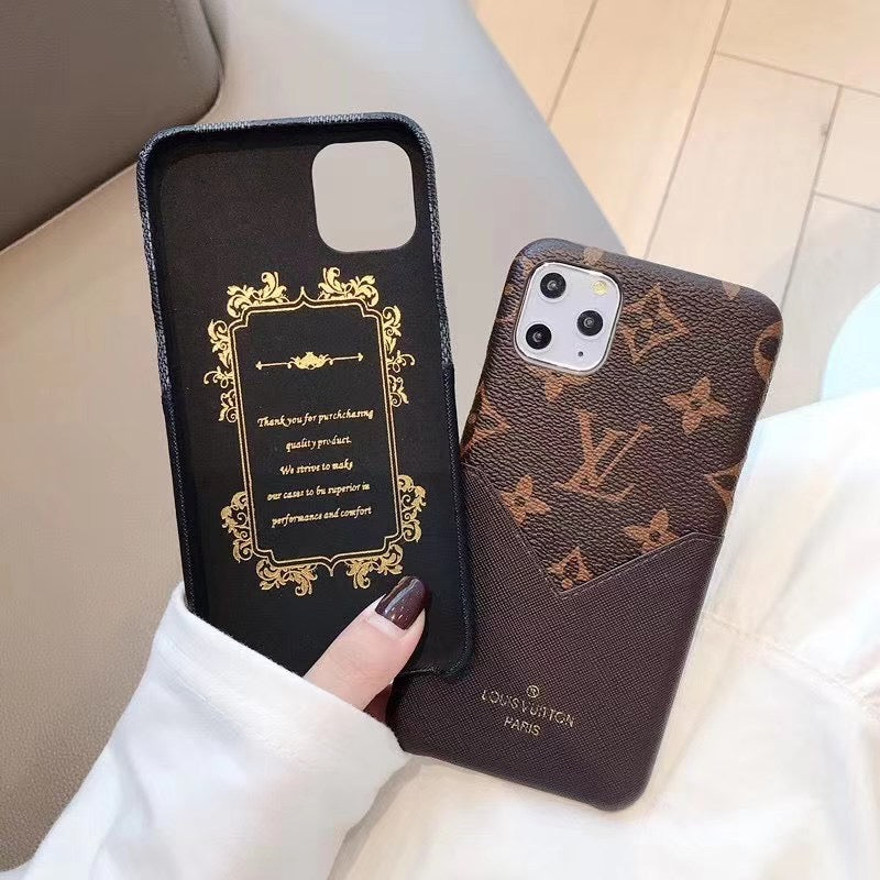 Brown large monogram iPhone case shown from the inside to display the fitted phone shell