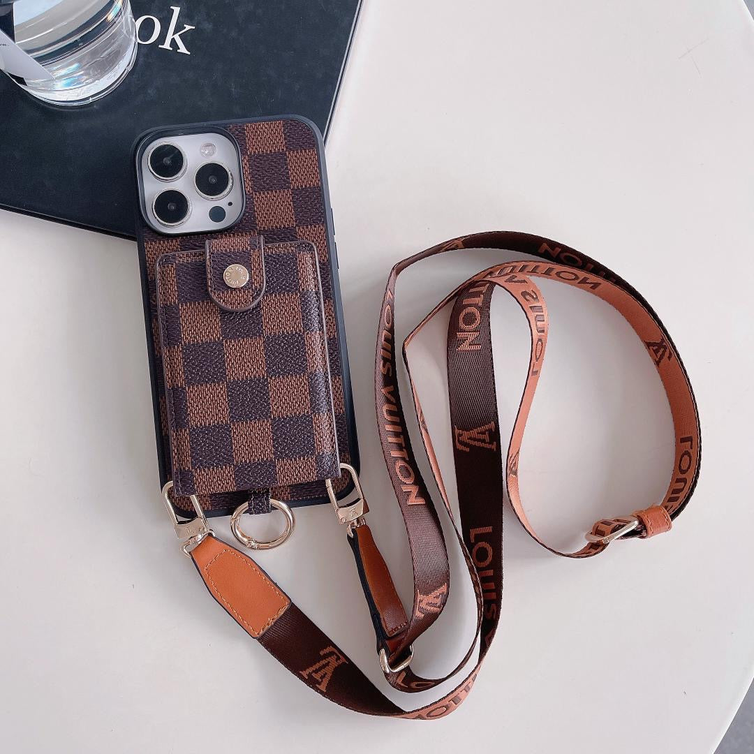 Brown checkered Louis Vuitton crossbody card holder iPhone case showing the classic patterned back
