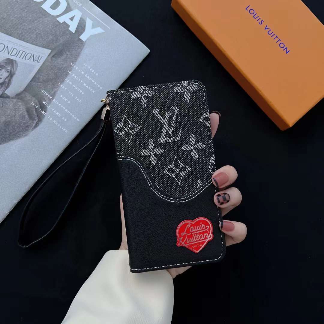 Black Denim Canvas Wallet Flip Case Kickstand Function iPhone 11 12 13 14 15 16 Pro Max Plus