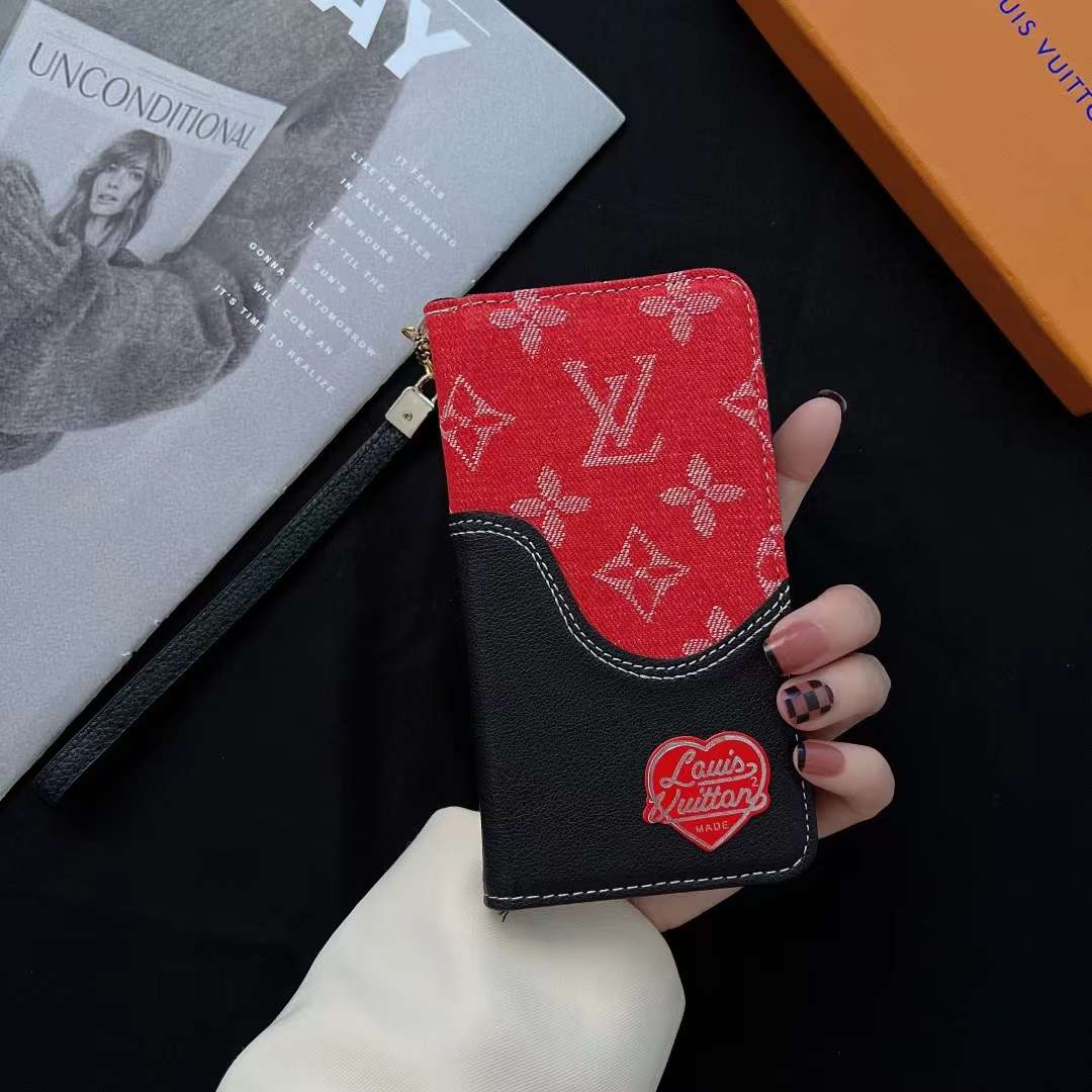Red Denim Leather Wallet Flip Case Kickstand Function iPhone X 11 12 13 14 15 16 Pro Max Plus