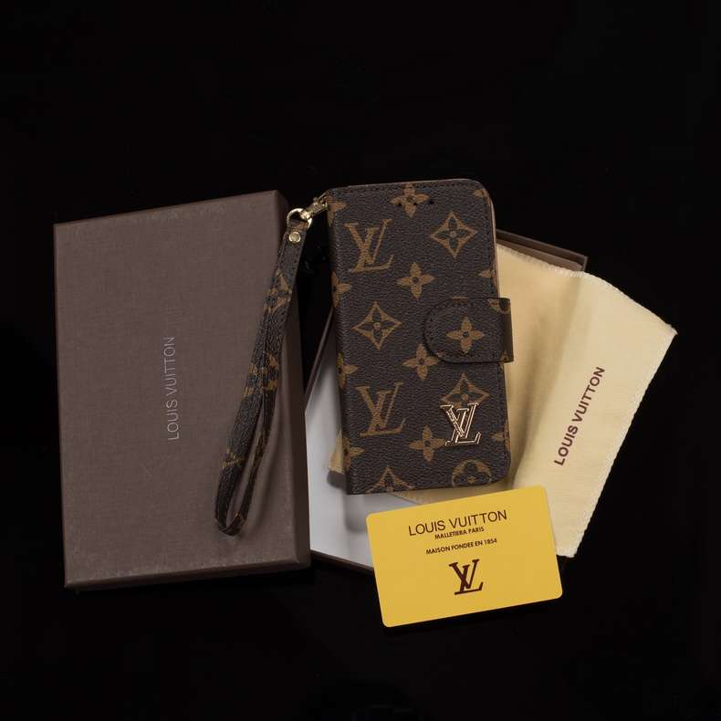 LV Brown Monogram Leather Wallet Case iPhone X 11 12 13 14 15 16 Pro Max Plus