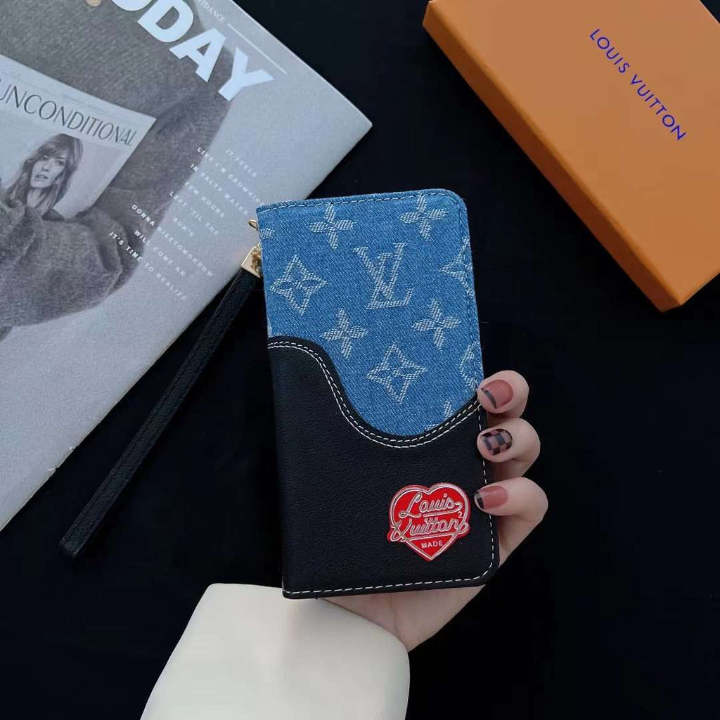 Blue denim leather iPhone wallet case showing the woven fabric finish and protective cover