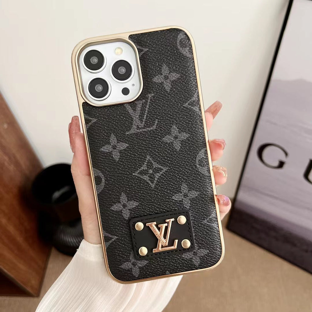 Black electroplated iPhone case showing the dark leather design and metallic edge trim