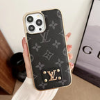 Black electroplated iPhone case showing the dark leather design and metallic edge trim