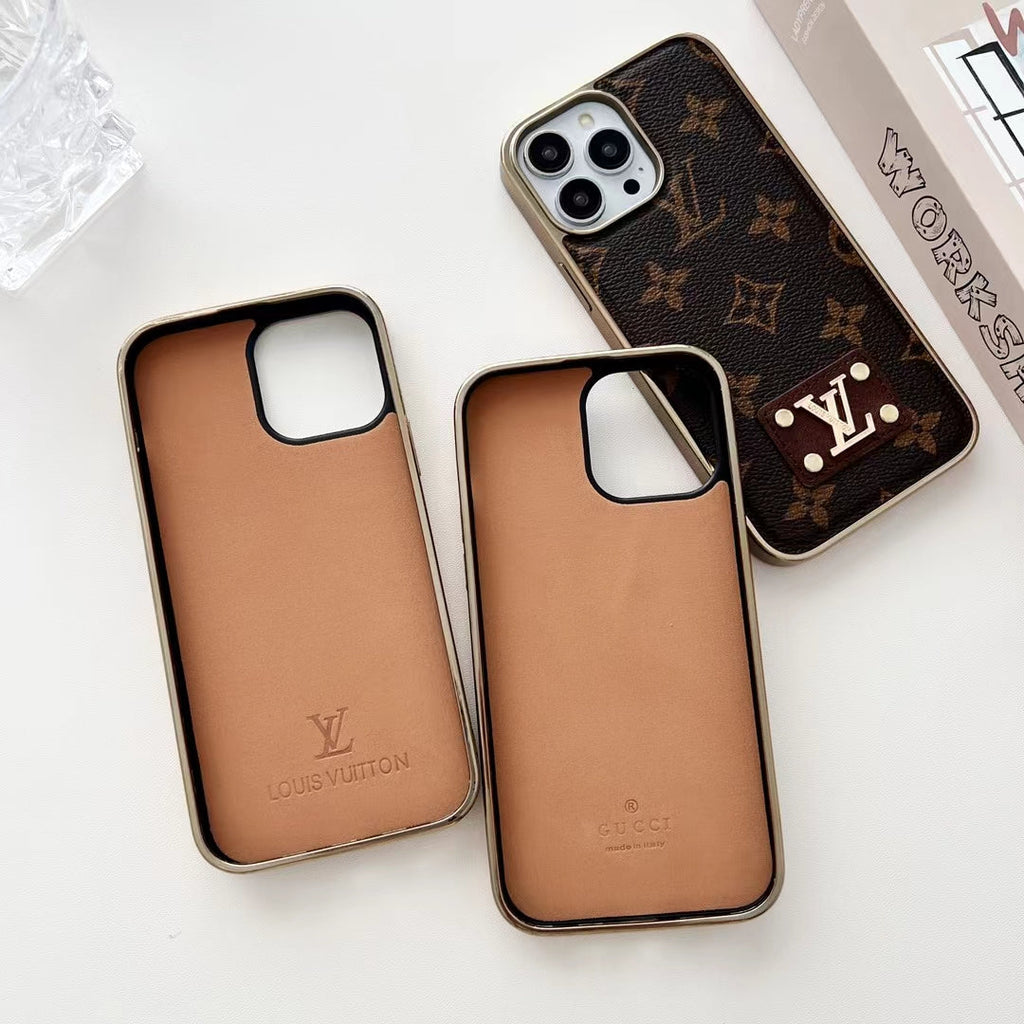 Electroplated leather iPhone case shown from the back with patterned finish and camera area
