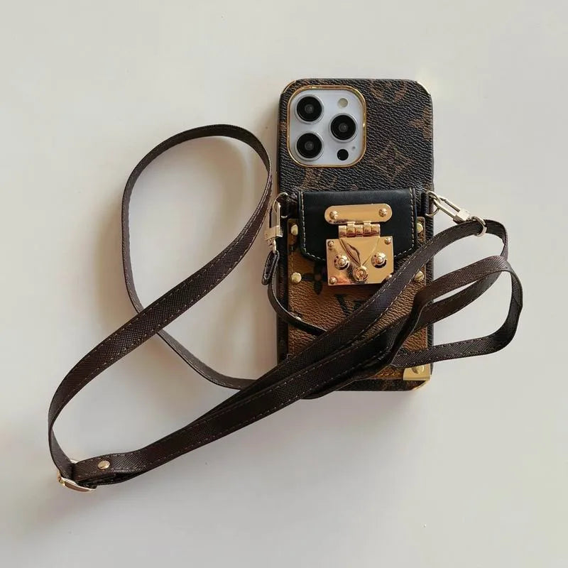 LV monogram crossbody iPhone case showing the complete patterned cover and protective fit