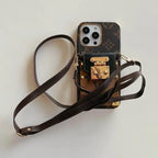 LV monogram crossbody iPhone case showing the complete patterned cover and protective fit