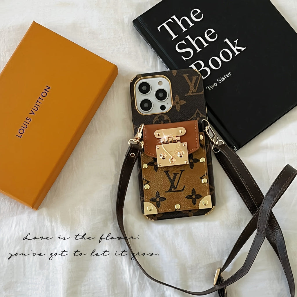 LV monogram crossbody iPhone case shown with the shoulder strap for hands-free carrying