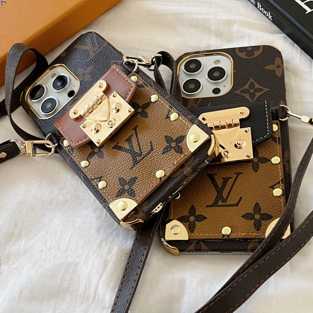 LV monogram crossbody iPhone case showing the protective back, camera opening and leather finish